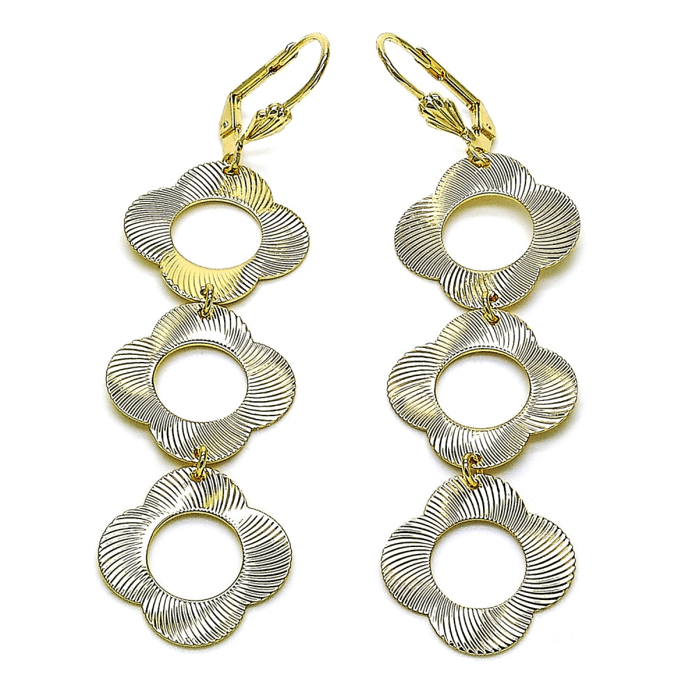 Oro Laminado Long Earring, Gold Filled Style Four-leaf Clover Design, Diamond Cutting Finish, Golden Finish
