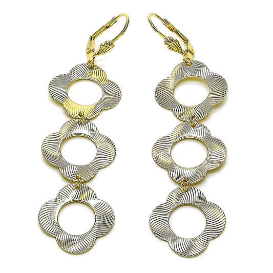 Oro Laminado Long Earring, Gold Filled Style Four-leaf Clover Design, Diamond Cutting Finish, Golden Finish