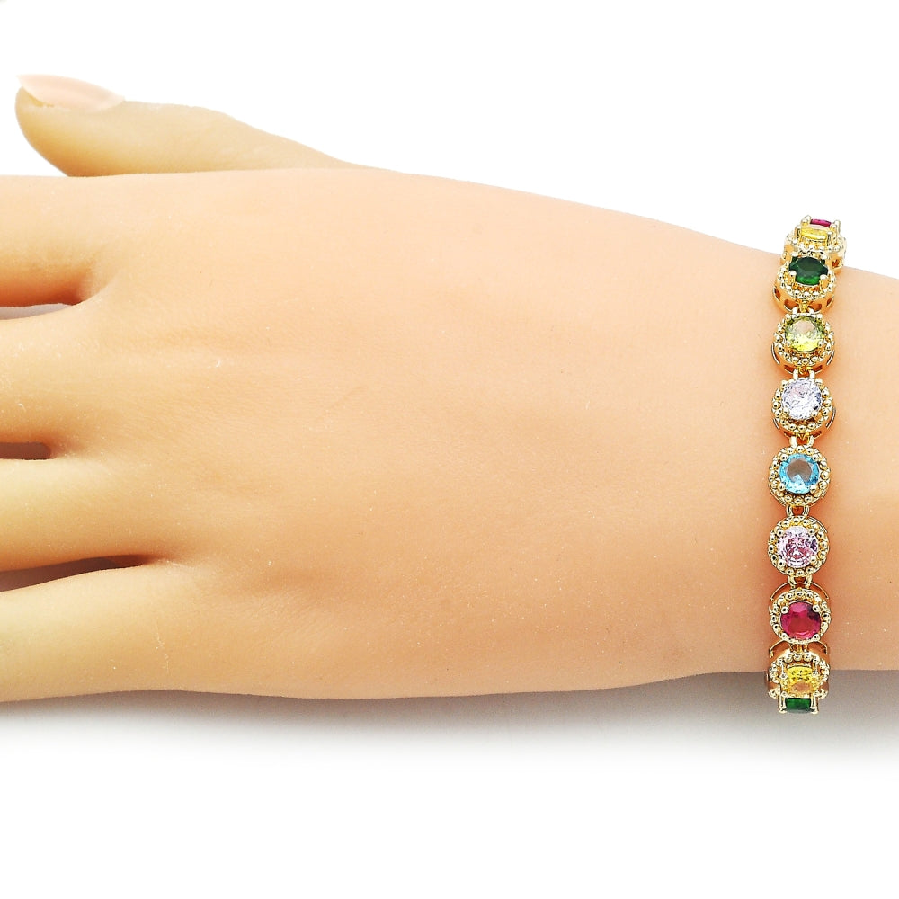 Oro Laminado Fancy Bracelet, Gold Filled Style Cluster Design, with Multicolor Cubic Zirconia, Polished, Golden Finish