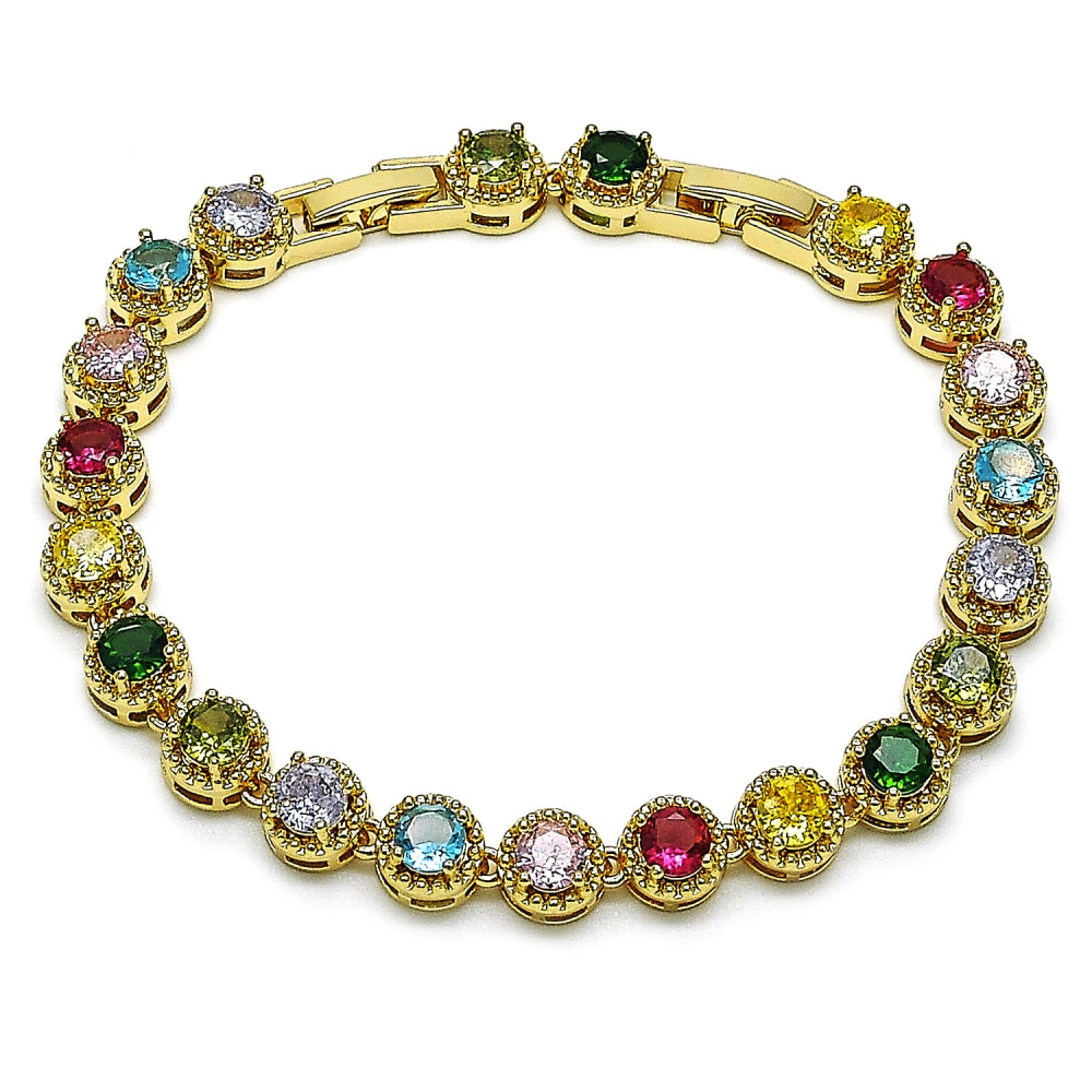 Oro Laminado Fancy Bracelet, Gold Filled Style Cluster Design, with Multicolor Cubic Zirconia, Polished, Golden Finish