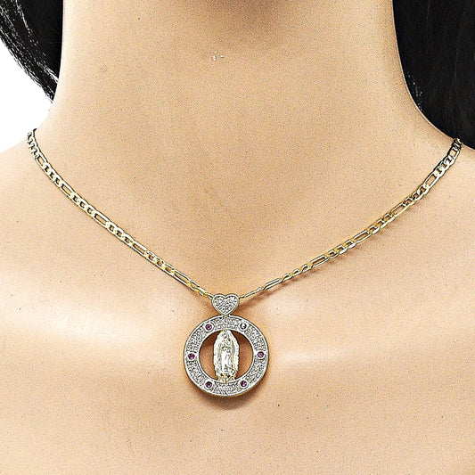 Oro Laminado Pendant Necklace, Gold Filled Style Guadalupe and Heart Design, with Ruby Cubic Zirconia and White Micro Pave, Polished, Golden Finish