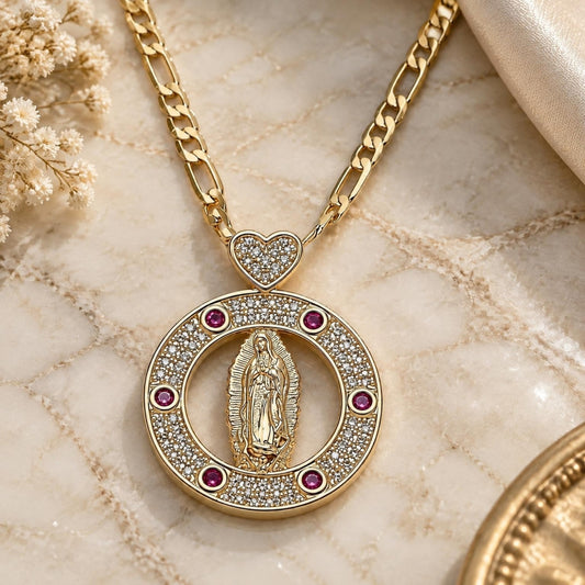 Oro Laminado Pendant Necklace, Gold Filled Style Guadalupe and Heart Design, with Ruby Cubic Zirconia and White Micro Pave, Polished, Golden Finish