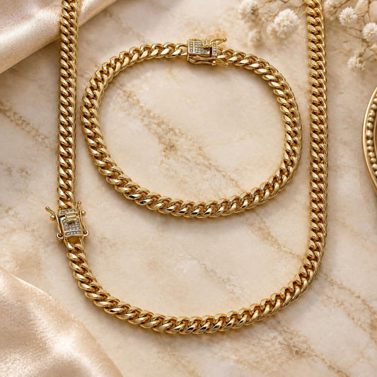 Oro Laminado Necklace and Bracelet, Gold Filled Style Miami Cuban and Box Lock Design, with White Micro Pave, Polished, Golden Finish
