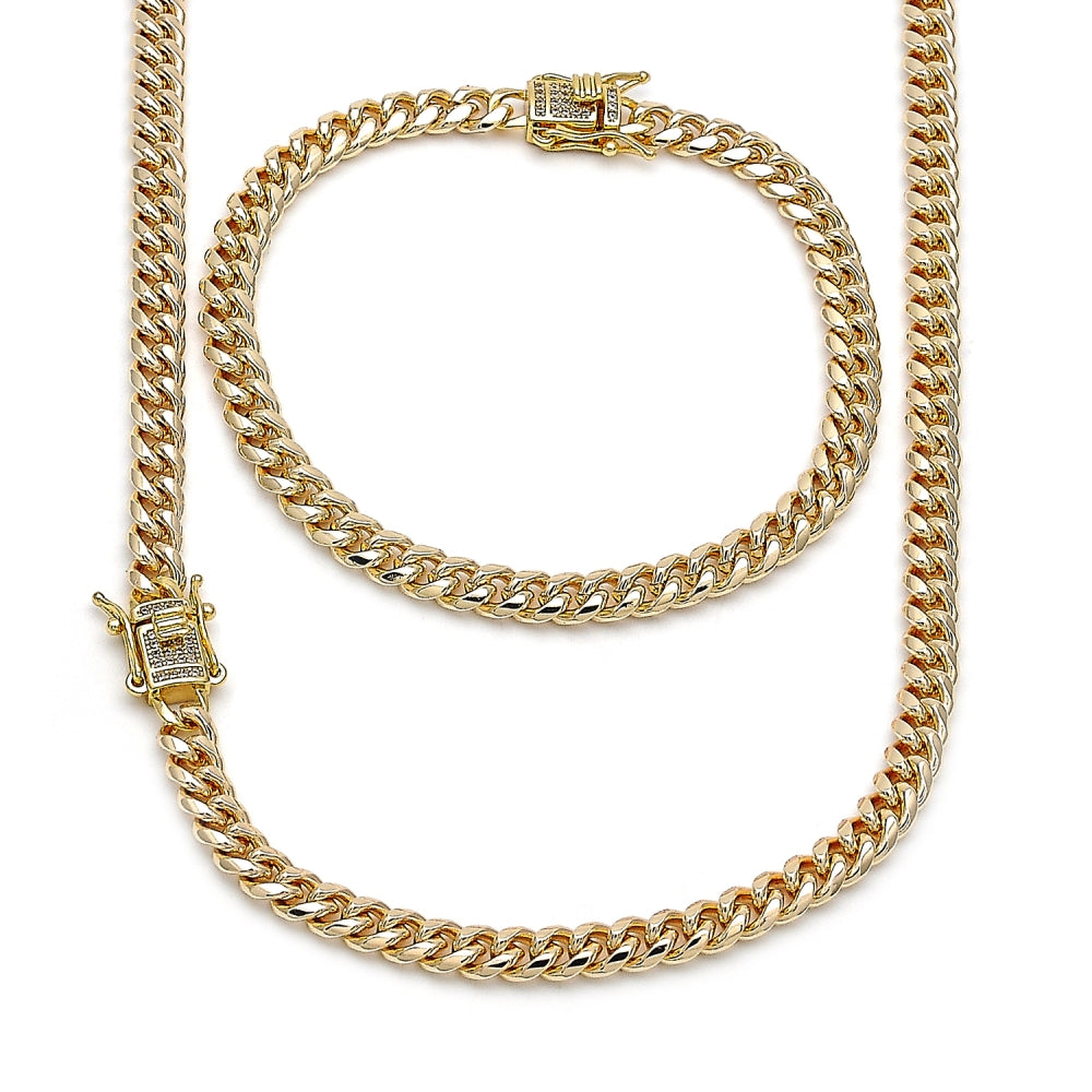 Oro Laminado Necklace and Bracelet, Gold Filled Style Miami Cuban Design, with White Micro Pave, Polished, Golden Finish
