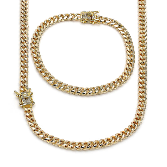Oro Laminado Necklace and Bracelet, Gold Filled Style Miami Cuban Design, with White Micro Pave, Polished, Golden Finish