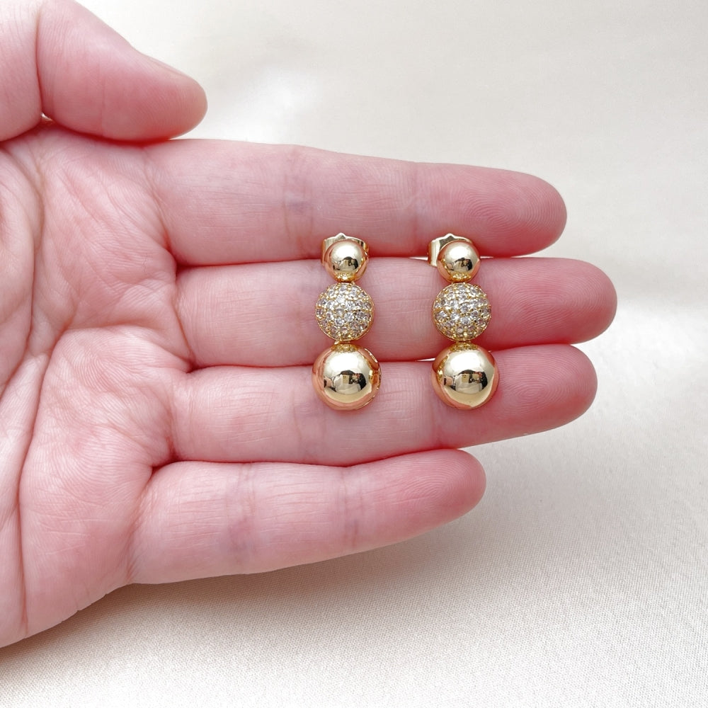Oro Laminado Stud Earring, Gold Filled Style Ball Design, with White Micro Pave, Polished, Golden Finish