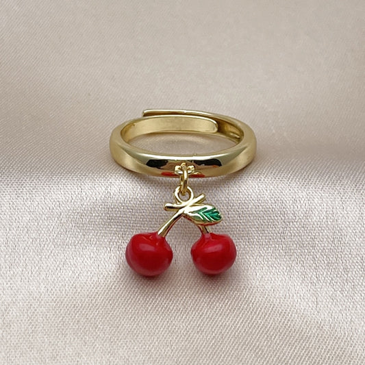 Oro Laminado Elegant Ring, Gold Filled Style Cherry Design, Red Enamel Finish, Golden Finish