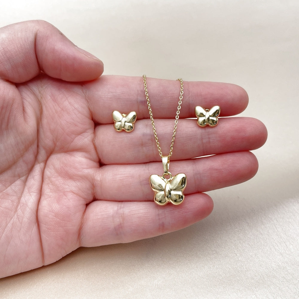 Oro Laminado Earring and Pendant Adult Set, Gold Filled Style Butterfly Design, Polished, Golden Finish