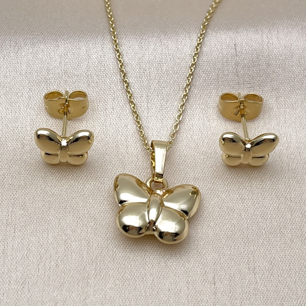 Oro Laminado Earring and Pendant Adult Set, Gold Filled Style Butterfly Design, Polished, Golden Finish