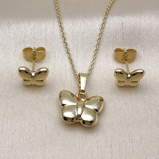 Oro Laminado Earring and Pendant Adult Set, Gold Filled Style Butterfly Design, Polished, Golden Finish