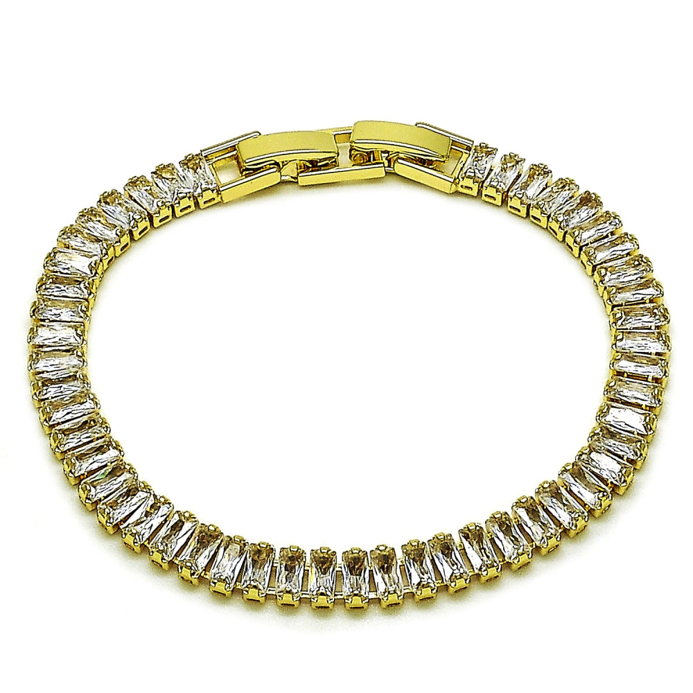Oro Laminado Tennis Bracelet, Gold Filled Style Baguette Design, with White Cubic Zirconia, Polished, Golden Finish