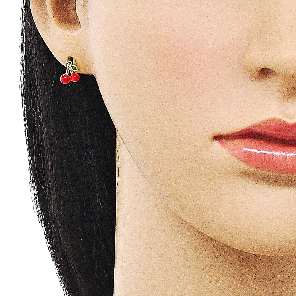 Oro Laminado Stud Earring, Gold Filled Style Cherry Design, Red Enamel Finish, Golden Finish