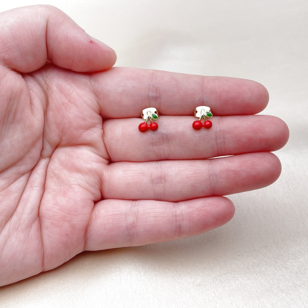 Oro Laminado Stud Earring, Gold Filled Style Cherry Design, Red Enamel Finish, Golden Finish