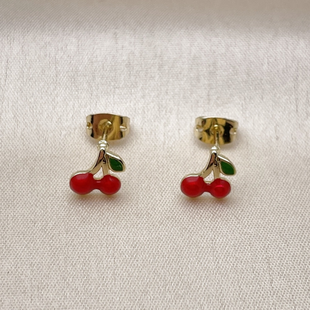 Oro Laminado Stud Earring, Gold Filled Style Cherry Design, Red Enamel Finish, Golden Finish