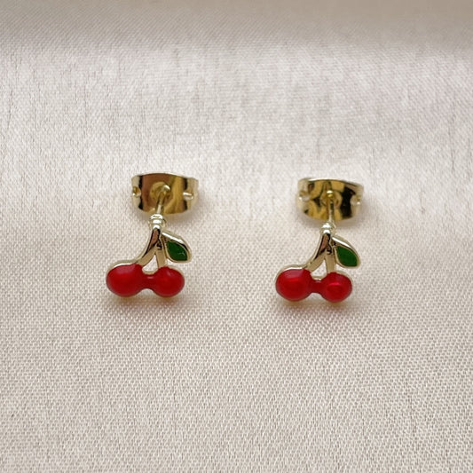 Oro Laminado Stud Earring, Gold Filled Style Cherry Design, Red Enamel Finish, Golden Finish