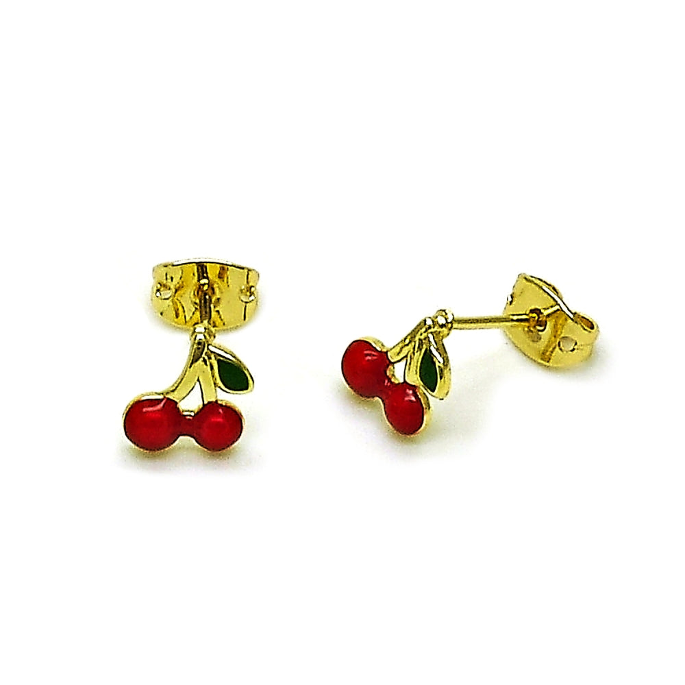 Oro Laminado Stud Earring, Gold Filled Style Cherry Design, Red Enamel Finish, Golden Finish