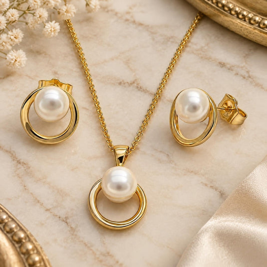 Oro Laminado Earring and Pendant Adult Set, Gold Filled Style Ball and Rolo Design, with Ivory Pearl, Polished, Golden Finish