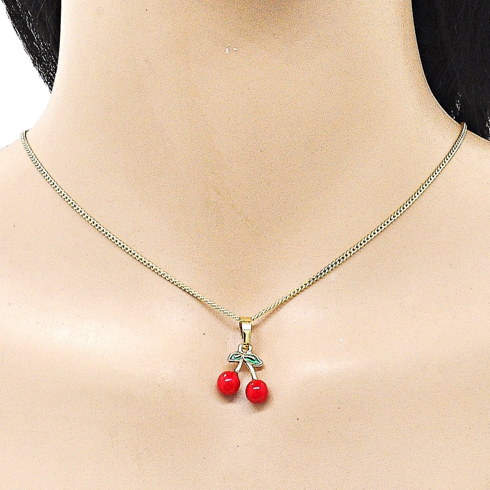 Oro Laminado Pendant Necklace, Gold Filled Style Cherry Design, Red Enamel Finish, Golden Finish
