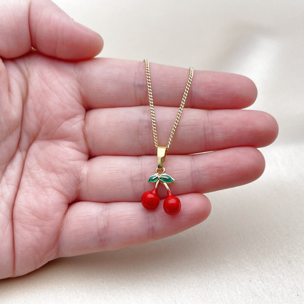 Oro Laminado Pendant Necklace, Gold Filled Style Cherry Design, Red Enamel Finish, Golden Finish