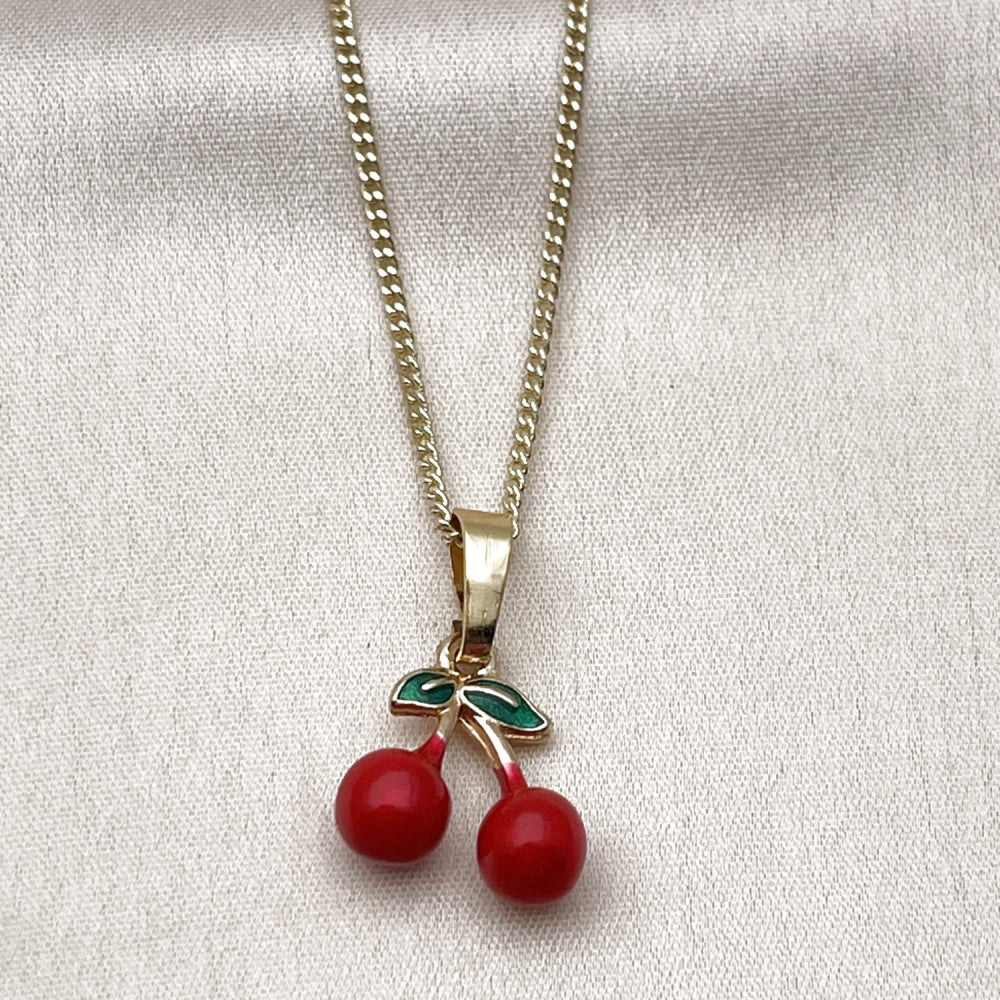 Oro Laminado Pendant Necklace, Gold Filled Style Cherry Design, Red Enamel Finish, Golden Finish