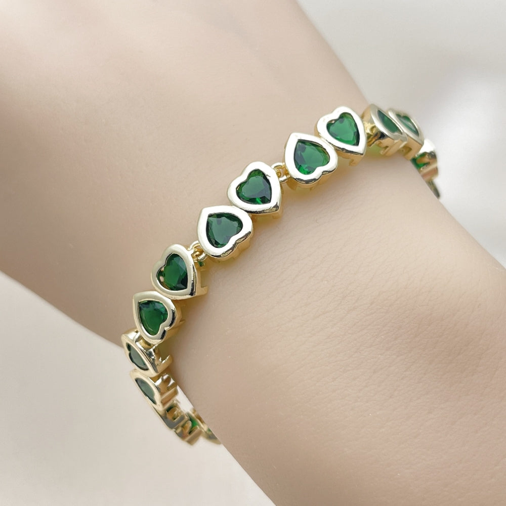 Oro Laminado Tennis Bracelet, Gold Filled Style Heart Design, with Green Cubic Zirconia, Polished, Golden Finish