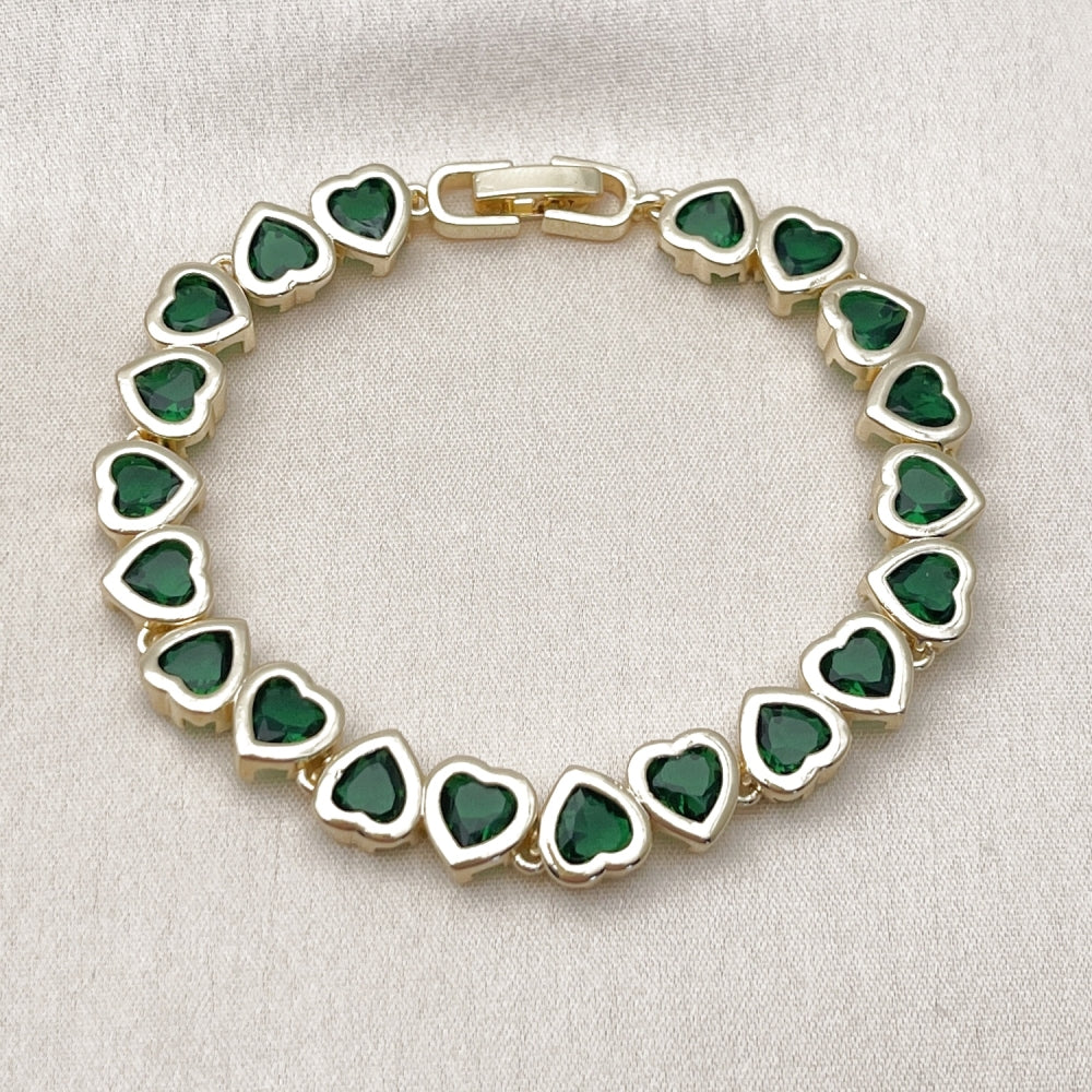Oro Laminado Tennis Bracelet, Gold Filled Style Heart Design, with Green Cubic Zirconia, Polished, Golden Finish