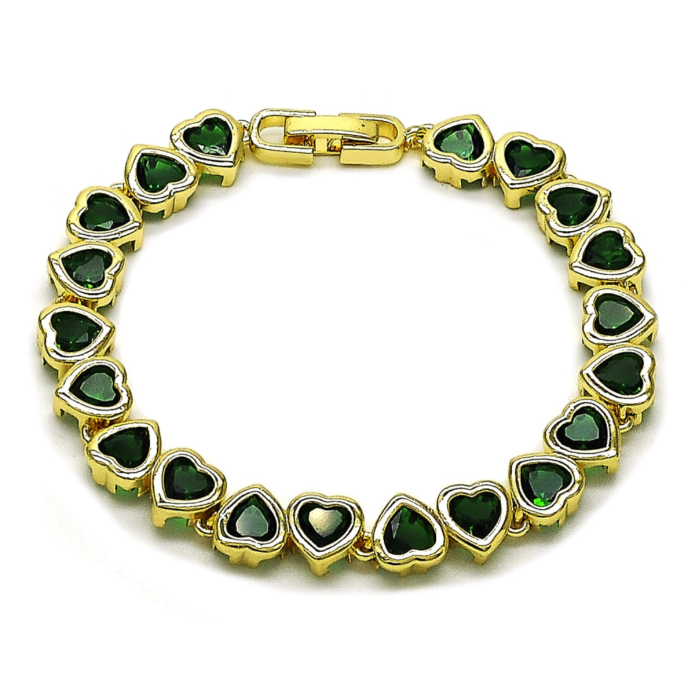 Oro Laminado Tennis Bracelet, Gold Filled Style Heart Design, with Green Cubic Zirconia, Polished, Golden Finish