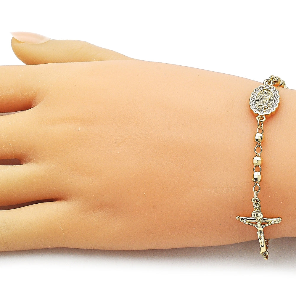 Oro Laminado Fancy Bracelet, Gold Filled Style Guadalupe and Crucifix Design, with White Cubic Zirconia, Diamond Cutting Finish, Golden Finish