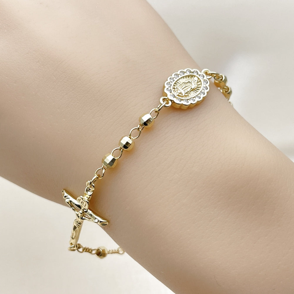 Oro Laminado Fancy Bracelet, Gold Filled Style Guadalupe and Crucifix Design, with White Cubic Zirconia, Diamond Cutting Finish, Golden Finish