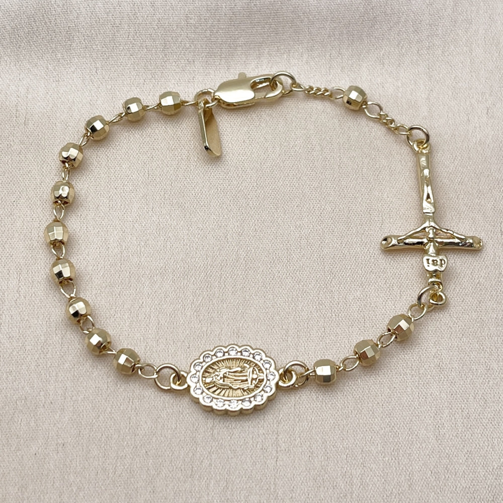 Oro Laminado Fancy Bracelet, Gold Filled Style Guadalupe and Crucifix Design, with White Cubic Zirconia, Diamond Cutting Finish, Golden Finish