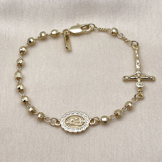 Oro Laminado Fancy Bracelet, Gold Filled Style Guadalupe and Crucifix Design, with White Cubic Zirconia, Diamond Cutting Finish, Golden Finish