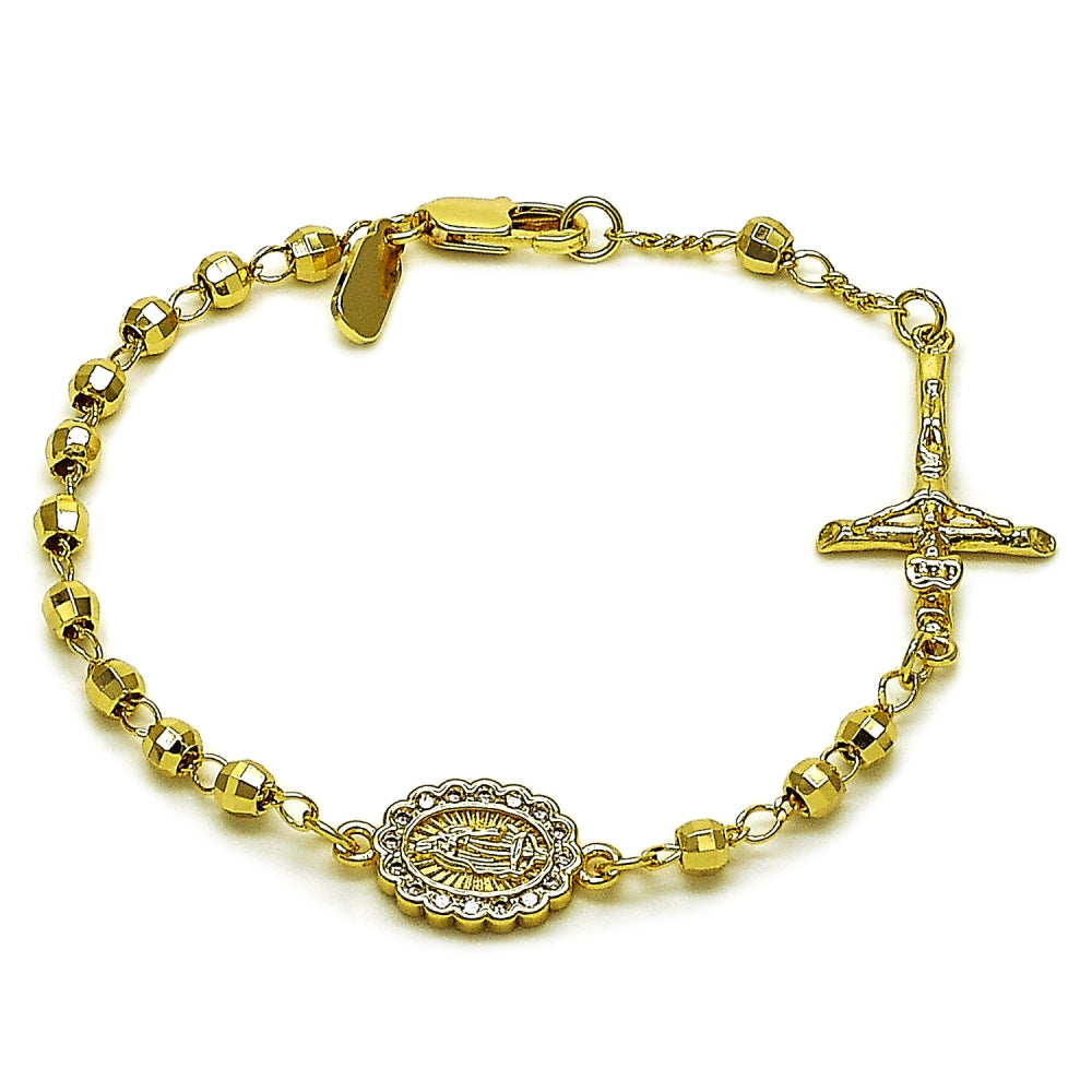 Oro Laminado Fancy Bracelet, Gold Filled Style Guadalupe and Crucifix Design, with White Cubic Zirconia, Diamond Cutting Finish, Golden Finish