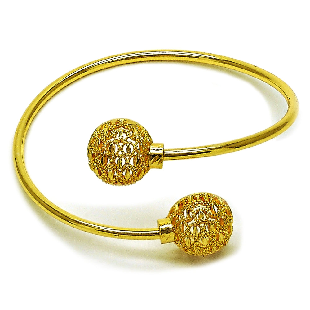 Oro Laminado Individual Bangle, Gold Filled Style Ball Design, Diamond Cutting Finish, Golden Finish