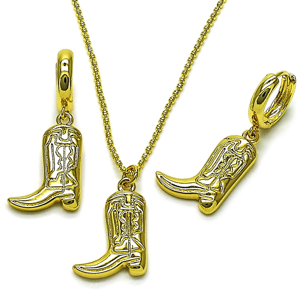 Oro Laminado Earring and Pendant Adult Set, Gold Filled Style Shoes Design, Polished, Golden Finish
