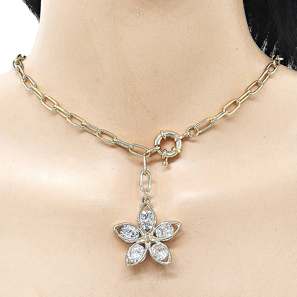 Oro Laminado Fancy Necklace, Gold Filled Style Flower Design, with White Cubic Zirconia, Polished, Golden Finish