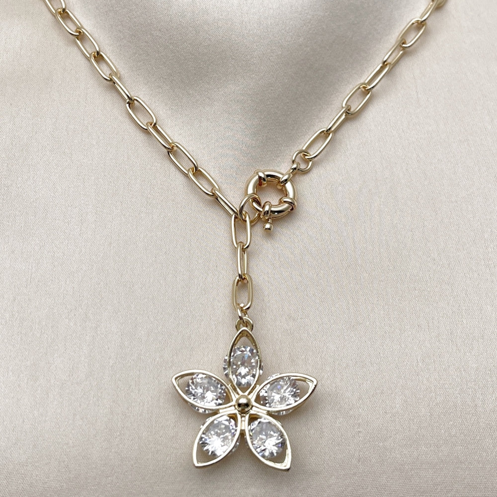 Oro Laminado Fancy Necklace, Gold Filled Style Flower Design, with White Cubic Zirconia, Polished, Golden Finish