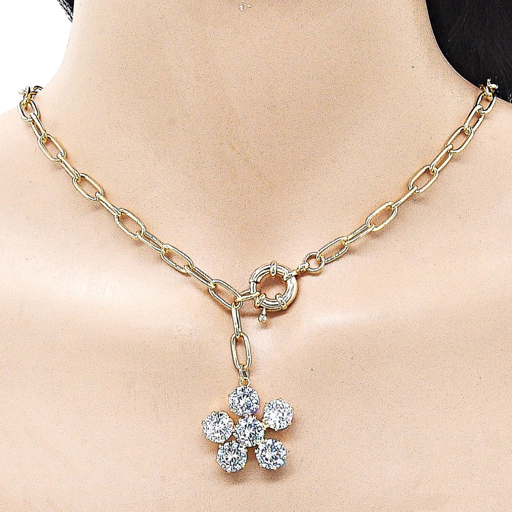 Oro Laminado Fancy Necklace, Gold Filled Style Flower and Rolo Design, with White Cubic Zirconia, Polished, Golden Finish