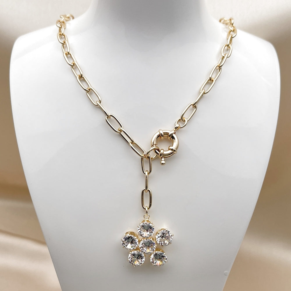 Oro Laminado Fancy Necklace, Gold Filled Style Flower and Rolo Design, with White Cubic Zirconia, Polished, Golden Finish