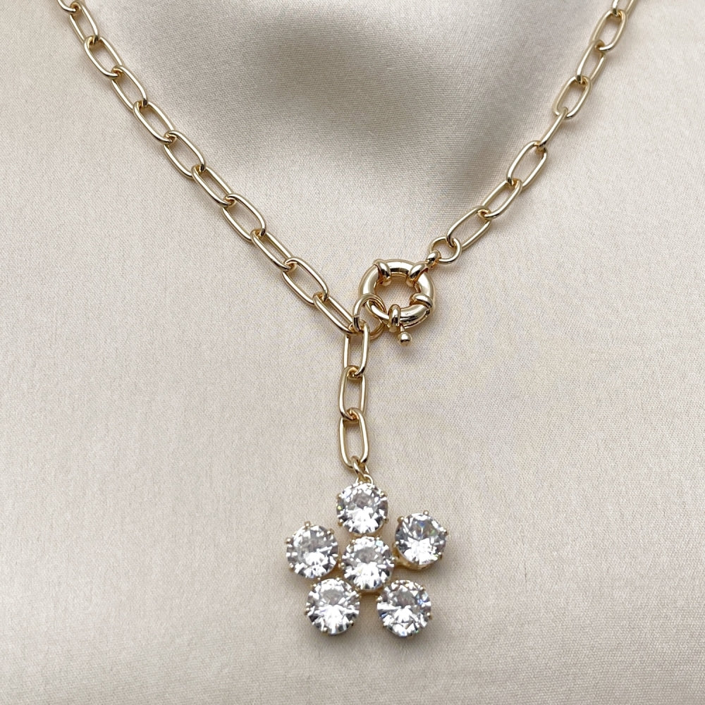 Oro Laminado Fancy Necklace, Gold Filled Style Flower and Rolo Design, with White Cubic Zirconia, Polished, Golden Finish
