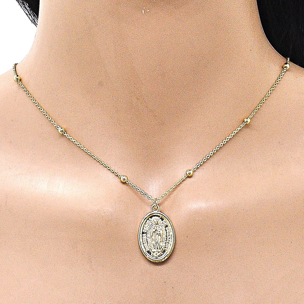 Oro Laminado Pendant Necklace, Gold Filled Style Guadalupe and Rolo Design, Polished, Golden Finish