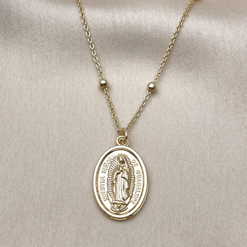 Oro Laminado Pendant Necklace, Gold Filled Style Guadalupe and Rolo Design, Polished, Golden Finish