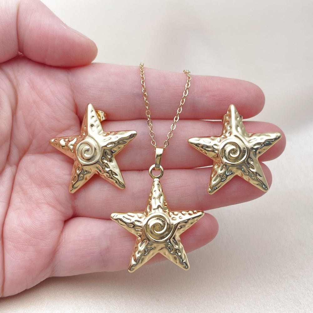 Oro Laminado Earring and Pendant Adult Set, Gold Filled Style Star and Snail Design, Polished, Golden Finish