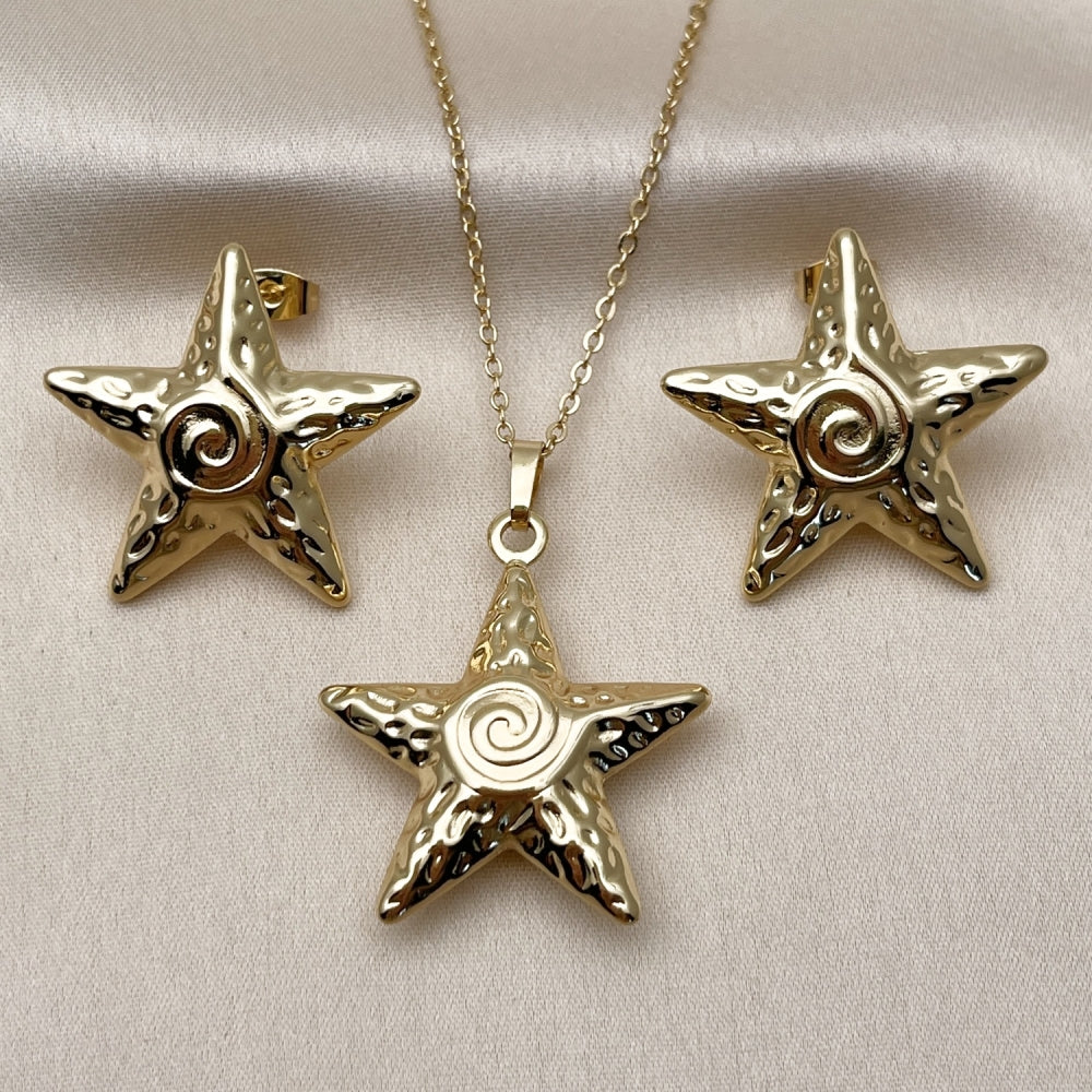 Oro Laminado Earring and Pendant Adult Set, Gold Filled Style Star and Snail Design, Polished, Golden Finish