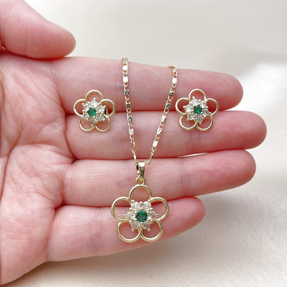 Oro Laminado Earring and Pendant Adult Set, Gold Filled Style Flower Design, with Green and White Cubic Zirconia, Polished, Golden Finish