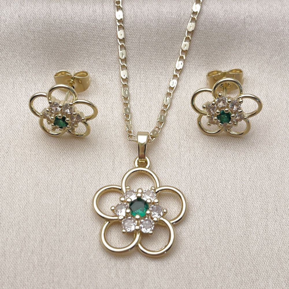 Oro Laminado Earring and Pendant Adult Set, Gold Filled Style Flower Design, with Green and White Cubic Zirconia, Polished, Golden Finish