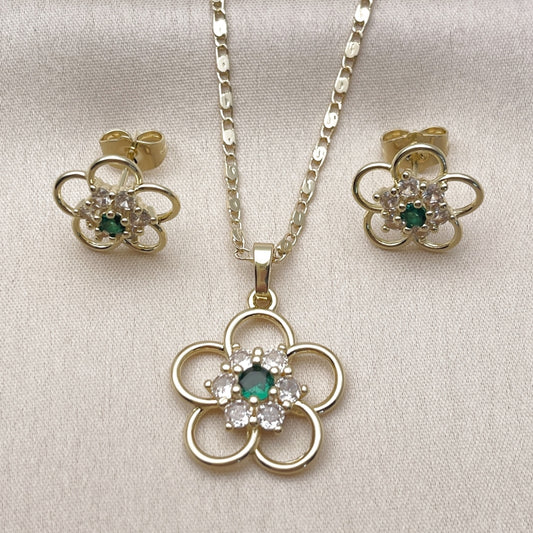 Oro Laminado Earring and Pendant Adult Set, Gold Filled Style Flower Design, with Green and White Cubic Zirconia, Polished, Golden Finish