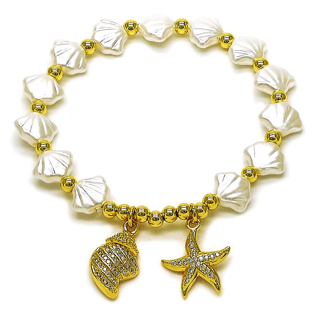 Oro Laminado Fancy Bracelet, Gold Filled Style Star and Snail Design, with Ivory Pearl and White Micro Pave, Polished, Golden Finish