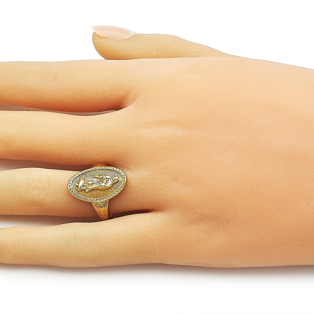 Oro Laminado Elegant Ring, Gold Filled Style Guadalupe Design, Diamond Cutting Finish, Golden Finish