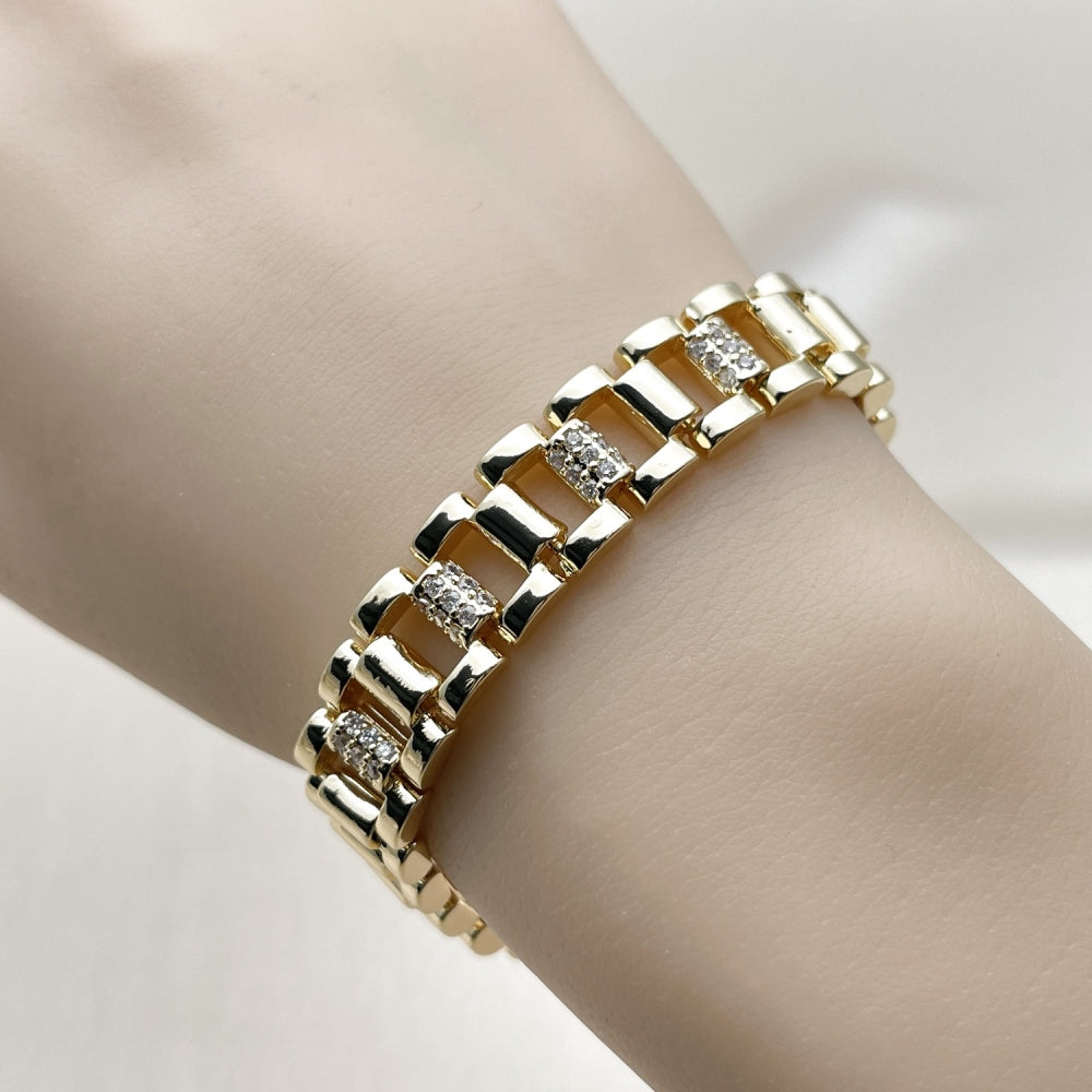 Oro Laminado Fancy Bracelet, Gold Filled Style with White Cubic Zirconia, Polished, Golden Finish