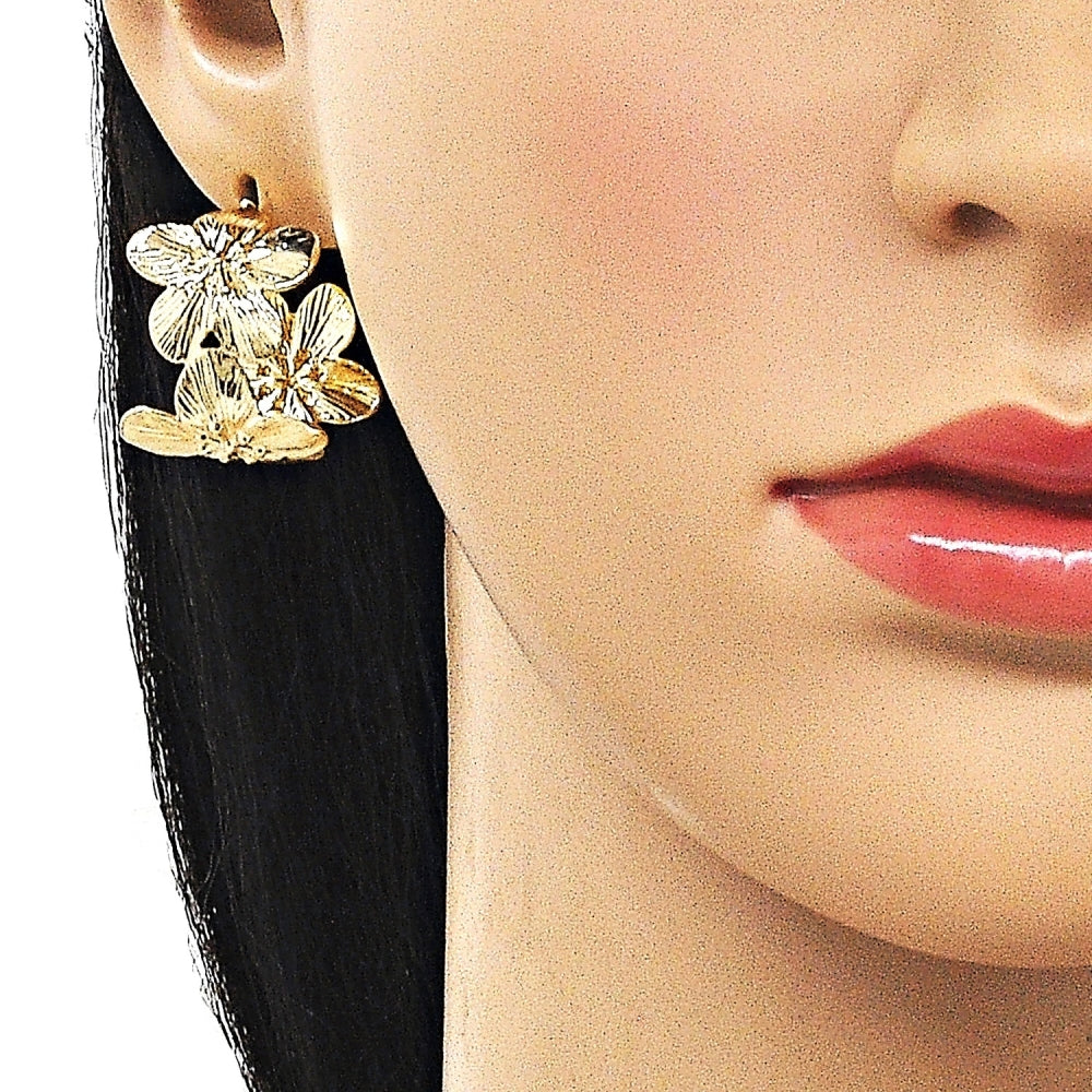 Oro Laminado Small Hoop, Gold Filled Style Flower Design, Diamond Cutting Finish, Golden Finish